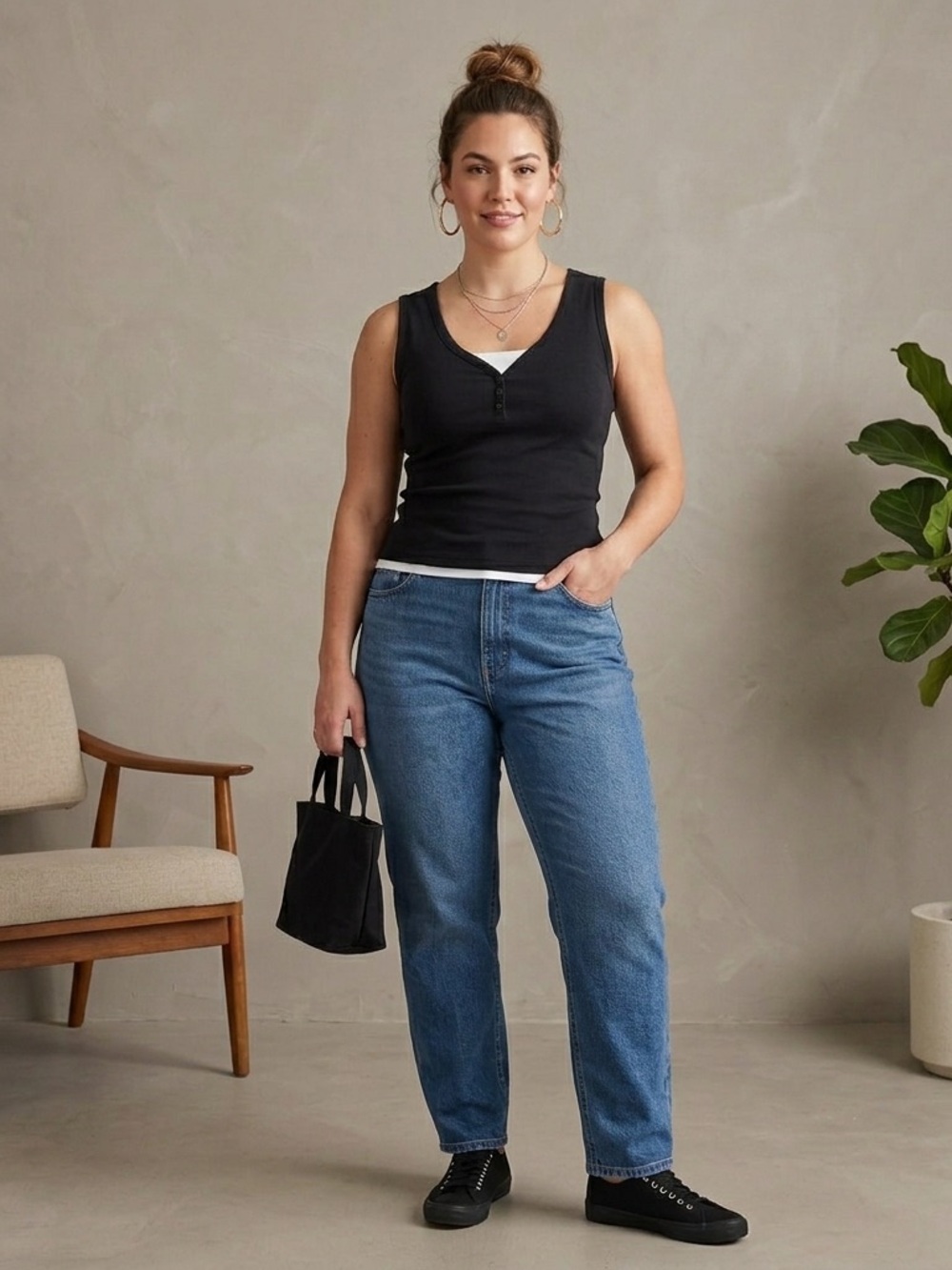 Y2K NWD Black Sleeveless Henley layering Tank Top